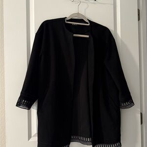 Black Open Front Cardigan with Lace Trim
